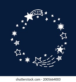 Doodle comets and stars hand drawn frame. Starry doodles vector illustration on the dark blue backdrop. Star and comets in space frame