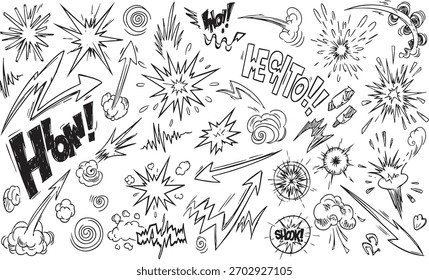 Doodle explosiones de cómic establecen efectos visuales Elementos flechas burbujas de discurso efectos de sonido colección