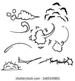 doodle Comic energy explosion. Cartoon flame smoke cloud, speed hit vfx effect and promo flash blast vector illustration set hand drawn style,