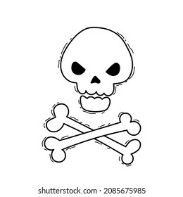 Doodle comic hand drawn skull and bones. Curses insult swear words symbols. Angry smile face emoji. Vector illustration isolated on white.