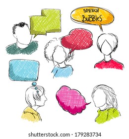 Doodle comic speech bubbles with men and women isolated vector illustration