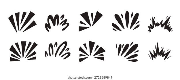 Doodle comic twinkle effects silhouette and ray stars bursts. Simple black icons featuring comic lines create dynamic energy for manga graphic designs. Vector expression blinks set isolated no bg.