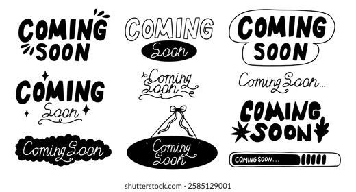 Doodle Coming Soon Handwritten Set. Black Progress Come Tag Sticker Collection. Vector Handdrawn Clipart Illustration