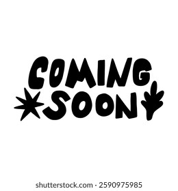 Doodle Coming Soon Handwritten Stamp. Black Progress Come Tag Sticker. Vector Handdrawn Clipart Illustration