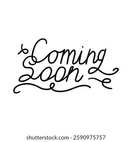 Doodle Coming Soon Handwritten Sticker. Black Progress Come Tag Sticker. Vector Handdrawn Clipart Illustration