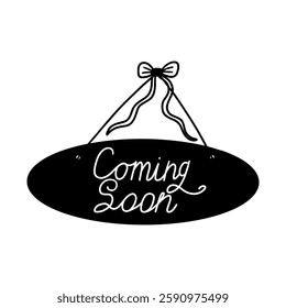 Doodle Coming Soon Handwritten Symbol. Black Progress Come Tag Sticker. Vector Handdrawn Clipart Illustration