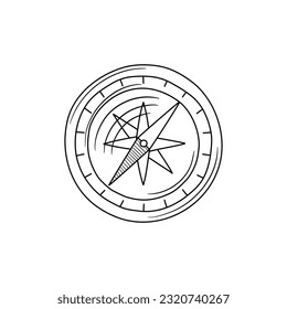 Doodle compass. Isolated on white background drawing for prints, poster, cute stationery, travel design. Hand-drawn vector.