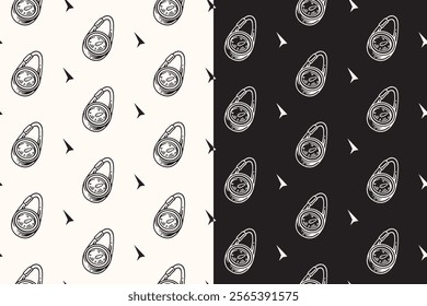 doodle compass with key chain seamless pattern on black white background for camping adventure merchandise.  retro modern compass pattern background. pattern of compass navigation vector background