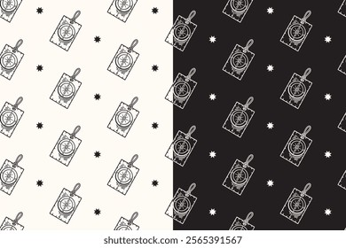 doodle compass ruler outdoor seamless pattern on black white background for camping adventure merchandise.  retro ruler compass pattern background. pattern of compass ruler vector background