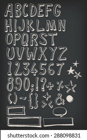 Doodle Complete Alphabet Set On Chalkboard/ Illustration of a hand drawn sketched ABC alphabet of font characters, with orthographic symbols, punctuation marks, speech bubbles on chalkboard background