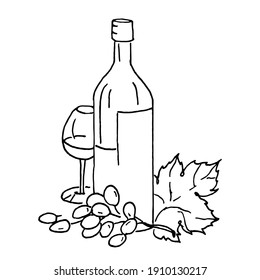 Doodle composition of a bottle of wine, a glass and a grape brush on a white background. Voctoria illustration can be used for menu ,labels,alcohol designs,textiles.