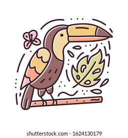 Doodle composition with cute toucan, flower and tropical leaf. Print for stickers, t-shirts, mugs, posters and other. Vector illustration. 
