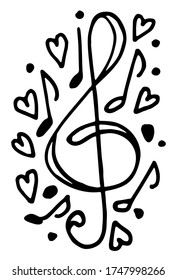 Doodle composition with treble key and notes.Abstract musical picture. Vector illustration.Mensural musical notation.Black notes symbols.Note value.Music staff.