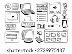 Doodle computer devices. Hand drawn gadgets, calculator, monitor and media player, printer and microphone, laptop and camera, headphones, smartphone and mouse, CD and login form. Vector isolated set.