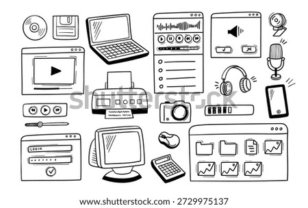 Doodle computer devices. Hand drawn gadgets, calculator, monitor and media player, printer and microphone, laptop and camera, headphones, smartphone and mouse, CD and login form. Vector isolated set.