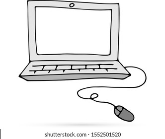 doodle computer with mouse icon, kds art line hand drawing, vector illustration