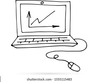 Doodle Computer With Mouse Icon, Kds Art Line Hand Drawing, Graph, Vector Illustration