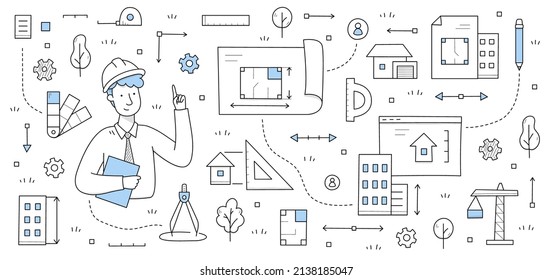 Concepto Doodle con el trabajo del arquitecto sosteniendo un plano. Antecedentes de trabajo de ingeniería y arquitectura. Ingeniero profesional en casco con brújula de herramientas de trabajo, lápiz, grúa Línea de ilustración vectorial