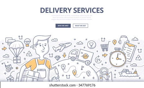 Doodle concept of delivery services, shipping goods by different transport. Modern line style illustration for web banners, hero images, printed materials