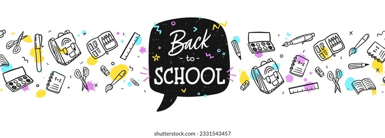 Doodle concept of education, School background with hand drawn school supplies and Back to School lettering 