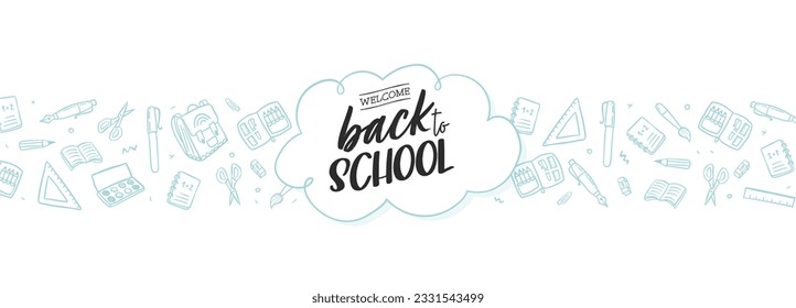 Doodle concept of education, School background with hand drawn school supplies and Back to School lettering 