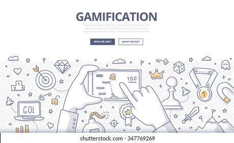 Doodle concept of gamification strategy, modern social media marketing, technology & innovation. Modern line style illustration for web banners, hero images, printed materials