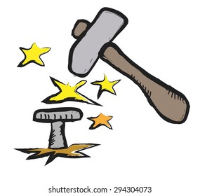 doodle concept hammer and nail, vector  