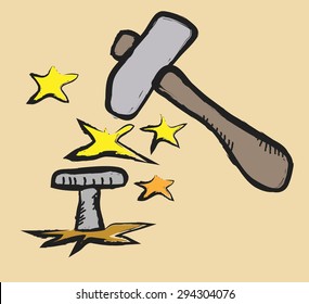 doodle concept hammer and nail, vector  