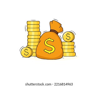 Doodle concept - money bag and gold coins stacks. Business financial increase, growth of salary or investment concept. Vector hand drawn illustration of workers about finance and business