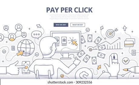 Doodle concept of pay-per-click marketing,  advertising, ppc affiliate program, managing and measuring online campaigns. Modern line style illustration for web banners, hero images, printed materials