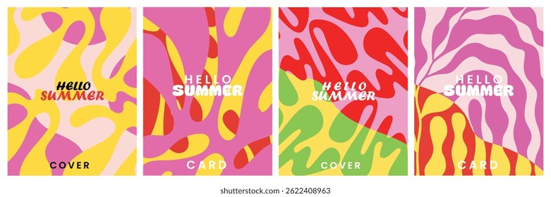 Doodle concept spring to summer greeting cards set plants, leaves, flowers art. Coloful style celebration template poster, banner, covers, ads, branding, labels, print collection wallpaper art.