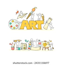 Doodle concepts - people with brushes and paint tools. Vector hand drawn set of artists with paintbrushes, staationery, palette. Illustration of creative craft tools with word Art