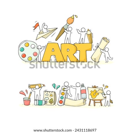 Doodle concepts - people with brushes and paint tools. Vector hand drawn set of artists with paintbrushes, staationery, palette. Illustration of creative craft tools with word Art