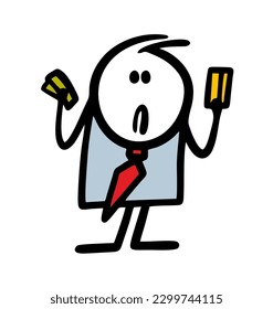 Doodle concerned office worker in a business suit makes a choice between a plastic card and cash. Vector illustration of a stickman and money in a bank.