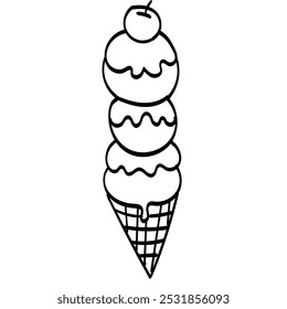 A doodle of a cone of ice cream with three scoops of different flavors, topped with cream and a cherry on top, a delicious cold summer snack.