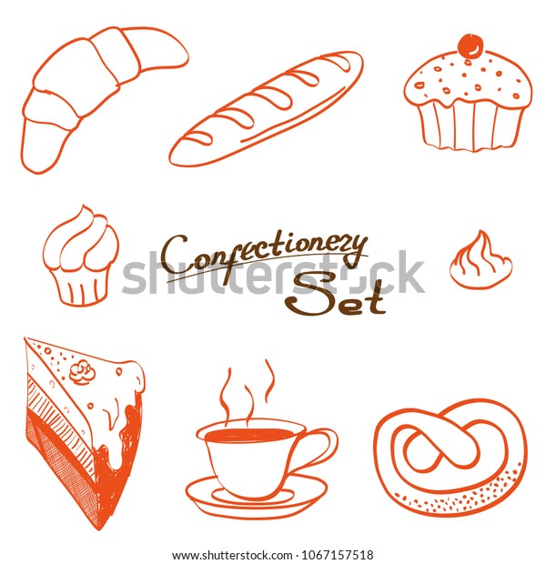 落書き風菓子製品 薄い線のアイコンセット ケーキ クロワッサン カップケーキ パイ デザイン用コーヒー のベクター画像素材 ロイヤリティフリー