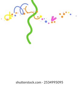 Doodle Confetti Pattern Background. Vector Simple Line Abstract Birthday Card. Kid Drawing Shapes in Cartoon Style. Happy Celebration Elements for Graphic Illustration. Ribbons, Lines, Stars Shape Ske