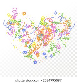 Doodle Confetti Pattern Background. Vector Simple Line Abstract Birthday Card. Kid Drawing Shapes in Cartoon Style. Happy Celebration Elements for Graphic Illustration. Ribbons, Lines, Stars Shape Ske