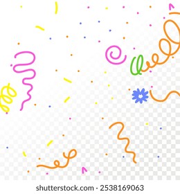 Fondo de patrón de confeti Doodle. Tarjeta de cumpleaños Abstractas de línea simple de Vector. Formas de dibujo infantil en estilo de dibujos animados. Elementos felices de la celebración para la ilustración gráfica. Cintas, líneas, estrellas Shape Ske