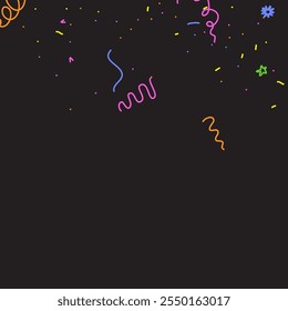 Doodle Confetti Pattern Background. Vector Simple Line Abstract Birthday Card. Kid Drawing Shapes in Cartoon Style. Happy Celebration Elements for Graphic Illustration. Ribbons, Lines, Stars Shape Ske