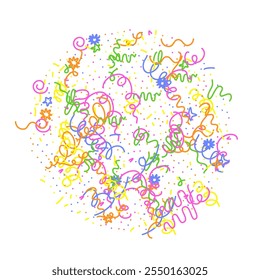 Plano de Fundo do Padrão de Confete de Rabiscar. Vetor linha simples abstrato cartão de aniversário. Criança Desenhando Formas em Estilo de Desenho Animado. Elementos de celebração feliz para ilustração gráfica. Fitas, Linhas, Estrelas Forma Ske