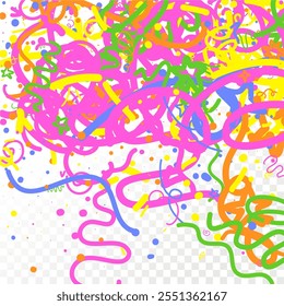 Doodle Confetti Pattern Background. Vector Simple Line Abstract Birthday Card. Kid Drawing Shapes in Cartoon Style. Happy Celebration Elements for Graphic Illustration. Ribbons, Lines, Stars Shape Ske