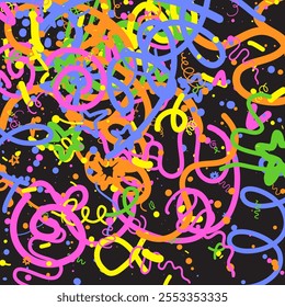 Doodle Confetti Pattern Background. Vector Simple Line Abstract Birthday Card. Kid Drawing Shapes in Cartoon Style. Happy Celebration Elements for Graphic Illustration. Ribbons, Lines, Stars Shape Ske