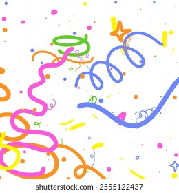 Doodle Confetti Pattern Background. Vector Simple Line Abstract Birthday Card. Kid Drawing Shapes in Cartoon Style. Happy Celebration Elements for Graphic Illustration. Ribbons, Lines, Stars Shape Ske