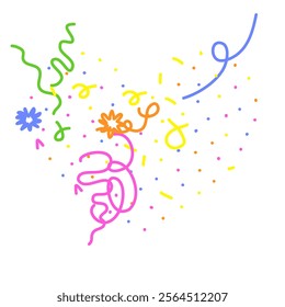 Doodle Confetti Pattern Background. Vector Simple Line Abstract Birthday Card. Kid Drawing Shapes in Cartoon Style. Happy Celebration Elements for Graphic Illustration. Ribbons, Lines, Stars Shape Ske