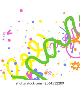 Doodle Confetti Pattern Background. Vector Simple Line Abstract Birthday Card. Kid Drawing Shapes in Cartoon Style. Happy Celebration Elements for Graphic Illustration. Ribbons, Lines, Stars Shape Ske