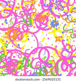 Doodle Confetti Pattern Background. Vector Simple Line Abstract Birthday Card. Kid Drawing Shapes in Cartoon Style. Happy Celebration Elements for Graphic Illustration. Ribbons, Lines, Stars Shape Ske