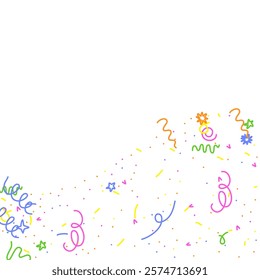 Doodle Confetti Pattern Background. Vector Simple Line Abstract Birthday Card. Kid Drawing Shapes in Cartoon Style. Happy Celebration Elements for Graphic Illustration. Ribbons, Lines, Stars Shape Ske