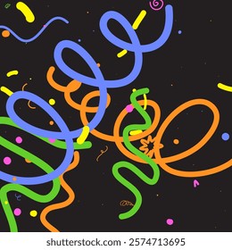 Doodle Confetti Pattern Background. Vector Simple Line Abstract Birthday Card. Kid Drawing Shapes in Cartoon Style. Happy Celebration Elements for Graphic Illustration. Ribbons, Lines, Stars Shape Ske