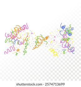 Doodle Confetti Pattern Background. Vector Simple Line Abstract Birthday Card. Kid Drawing Shapes in Cartoon Style. Happy Celebration Elements for Graphic Illustration. Ribbons, Lines, Stars Shape Ske